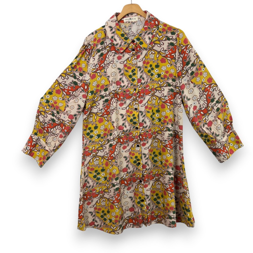 Natural Life Floral Mini Shirt Dress Womens XL Long Sleeve Button Front Boho